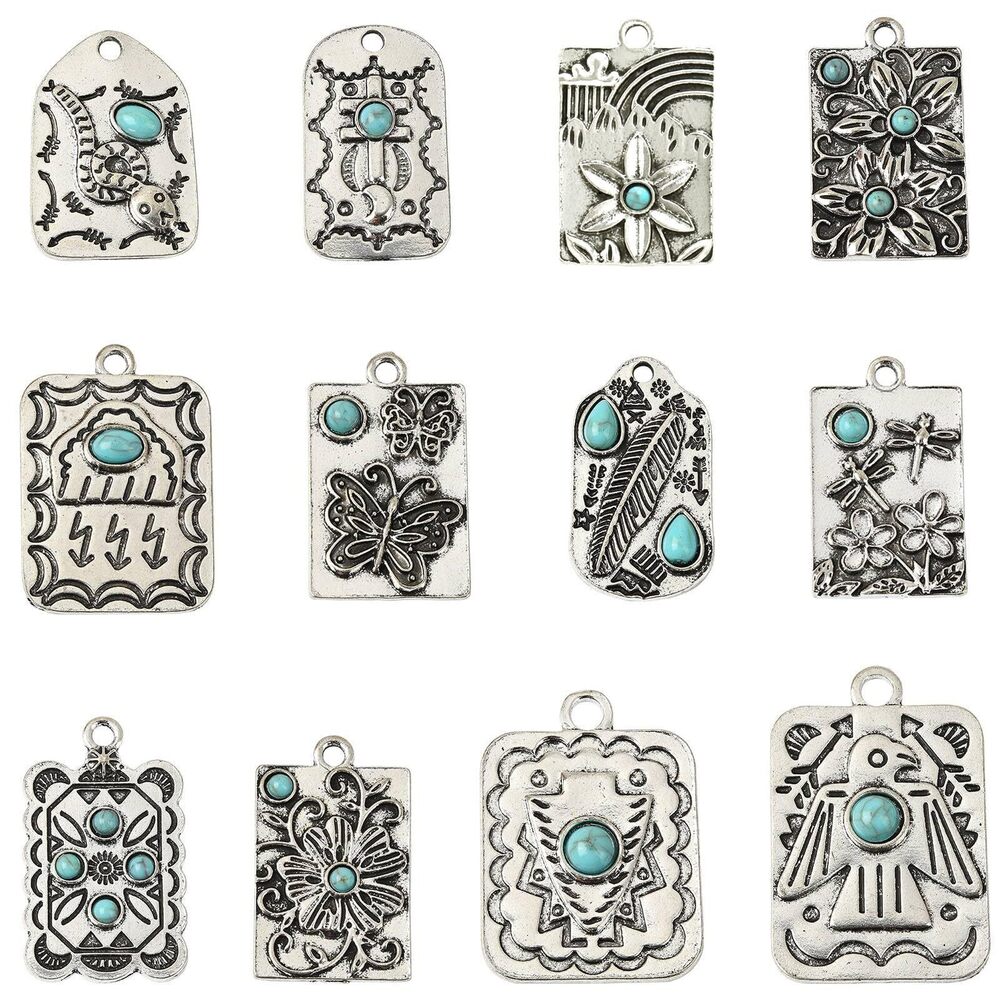 7923 24 pcs 12 Styles Antique Silver Rectangle Flower Pattern Charms